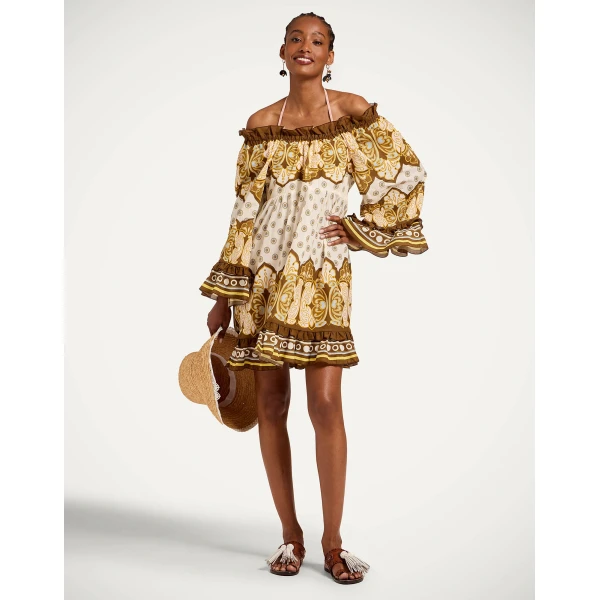 La DoubleJ Boho Mini Dress in Cocoon Placée Brown - Dresses - Milanese Maximalist Fashion at Coveti