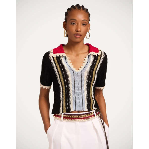 La DoubleJ Bowling Polo in Multicolor Black & Blue - Knitwear - Milanese Maximalist Fashion at Coveti