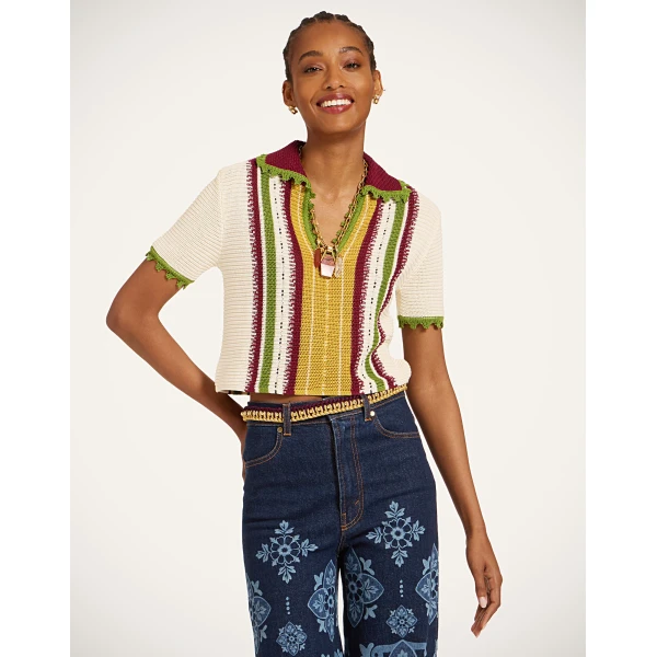 La DoubleJ Bowling Polo in Multicolor Ivory & Yellow - Knitwear - Milanese Maximalist Fashion at Coveti
