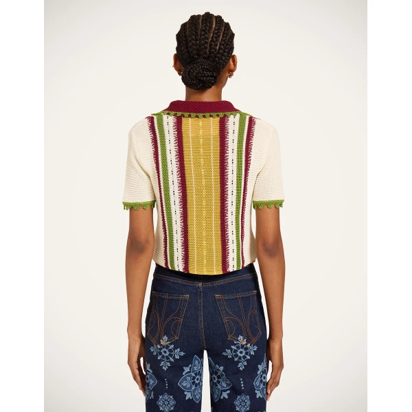 La DoubleJ Bowling Polo in Multicolor Ivory & Yellow - Knitwear - Milanese Maximalist Fashion at Coveti