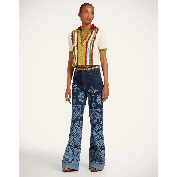 La DoubleJ Bowling Polo in Multicolor Ivory & Yellow - Knitwear - Milanese Maximalist Fashion at Coveti