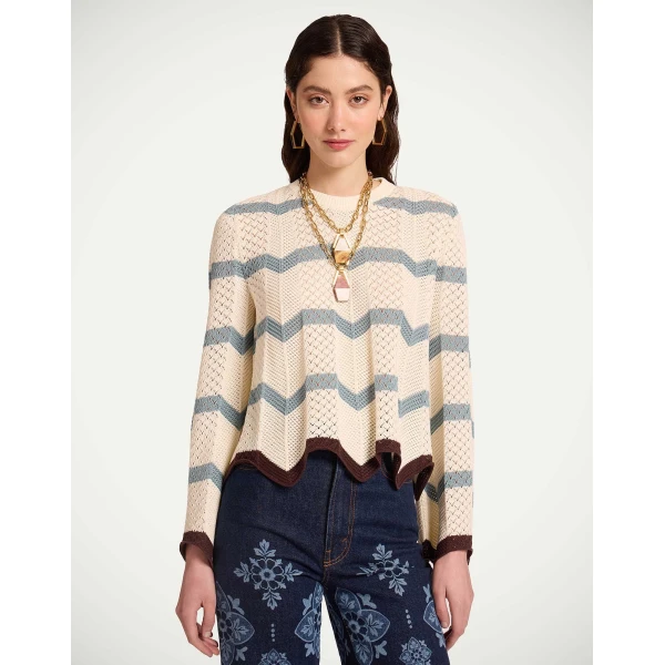 La DoubleJ Chevron Crop Sweater in Color Block Ivory & Blue - Knitwear - Milanese Maximalist Fashion at Coveti