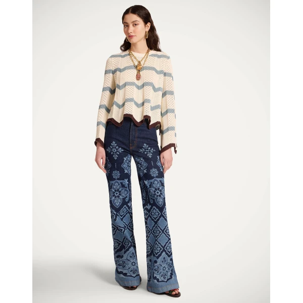 La DoubleJ Chevron Crop Sweater in Color Block Ivory & Blue - Knitwear - Milanese Maximalist Fashion at Coveti