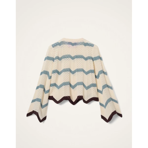 La DoubleJ Chevron Crop Sweater in Color Block Ivory & Blue - Knitwear - Milanese Maximalist Fashion at Coveti