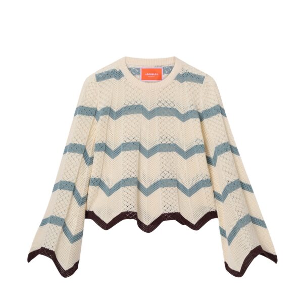La DoubleJ Chevron Crop Sweater in Color Block Ivory & Blue - Knitwear - Milanese Maximalist Fashion at Coveti