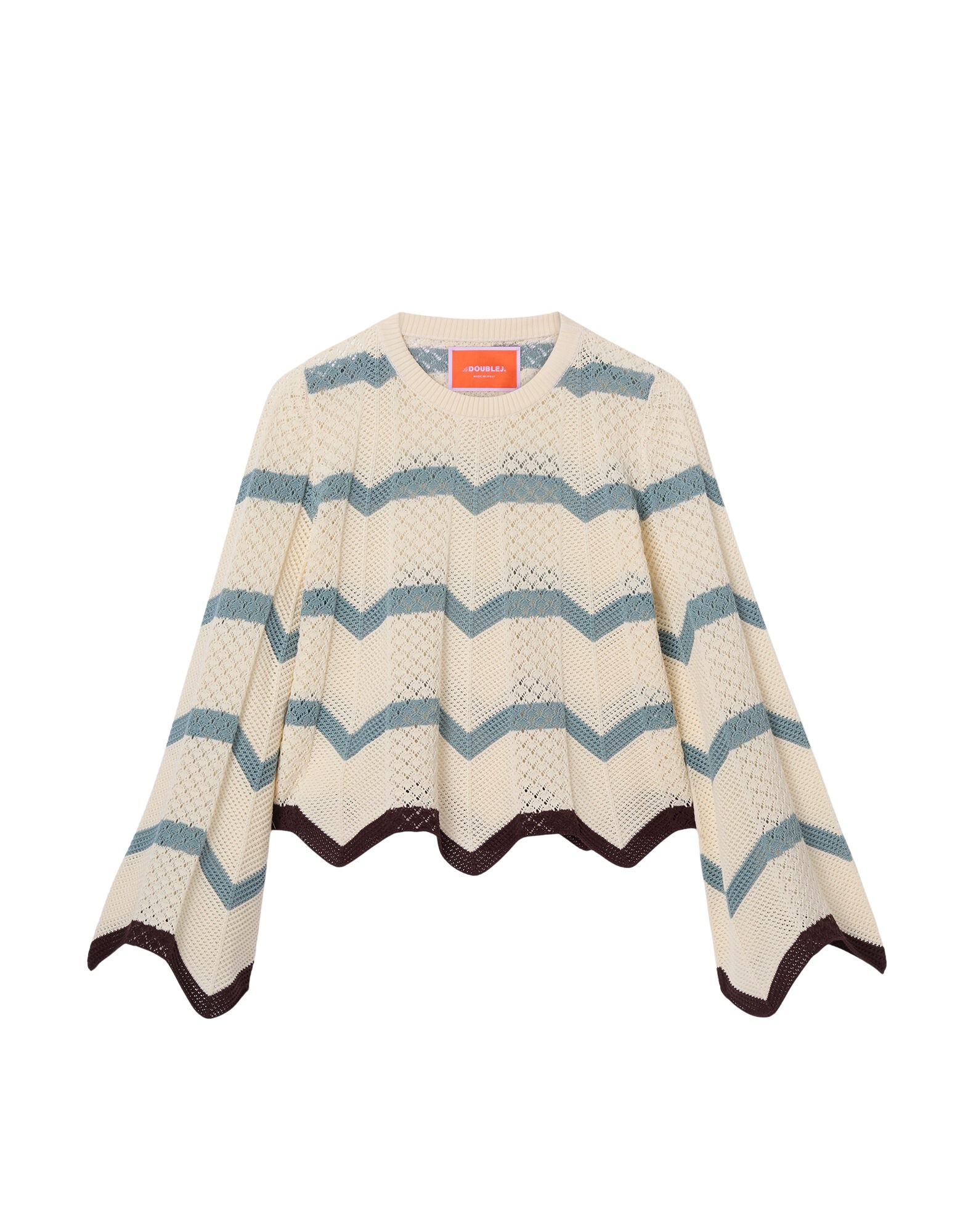 La DoubleJ Chevron Crop Sweater in Color Block Ivory & Blue - Knitwear - Milanese Maximalist Fashion at Coveti