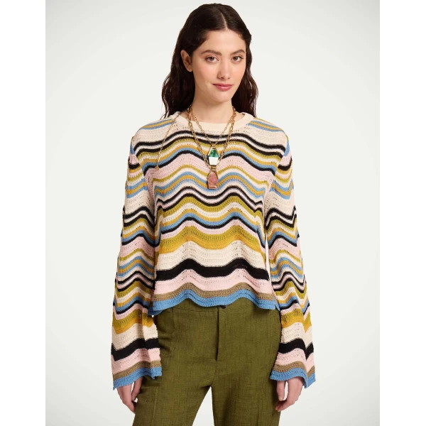 La DoubleJ Chevron Crop Sweater in Multicolor Geen & Pink - Knitwear - Milanese Maximalist Fashion at Coveti
