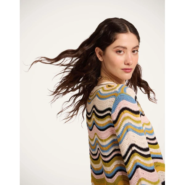 La DoubleJ Chevron Crop Sweater in Multicolor Geen & Pink - Knitwear - Milanese Maximalist Fashion at Coveti