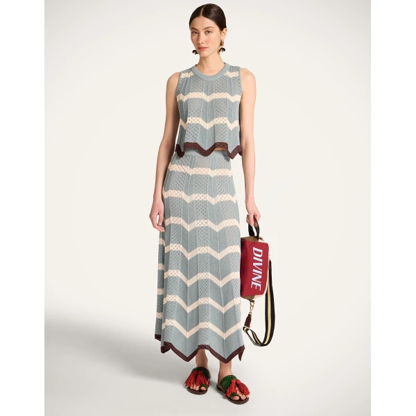 La DoubleJ Chevron Skirt in Color Block Blue & Ivory - Skirts - Milanese Maximalist Fashion at Coveti