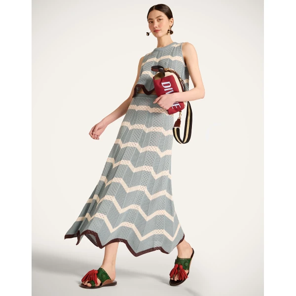 La DoubleJ Chevron Skirt in Color Block Blue & Ivory - Skirts - Milanese Maximalist Fashion at Coveti