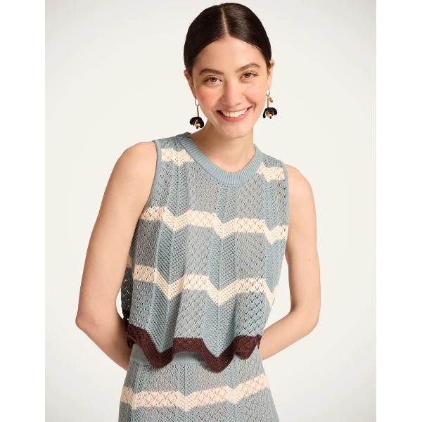 La DoubleJ Chevron Top in Color Block Blue & Ivory - Knitwear - Milanese Maximalist Fashion at Coveti