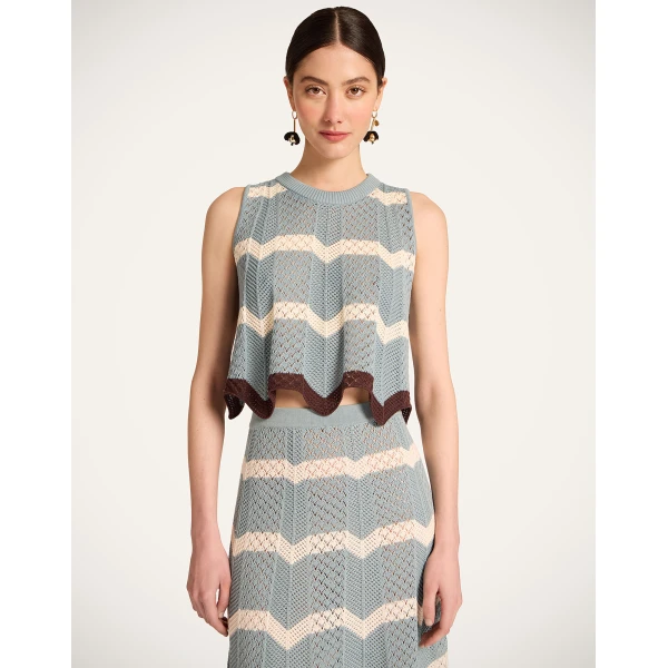 La DoubleJ Chevron Top in Color Block Blue & Ivory - Knitwear - Milanese Maximalist Fashion at Coveti