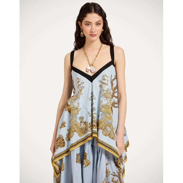 La DoubleJ Cinch Top in Oceania Placée Light Blue - Tops - Milanese Maximalist Fashion at Coveti