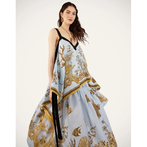 La DoubleJ Cinch Top in Oceania Placée Light Blue - Tops - Milanese Maximalist Fashion at Coveti