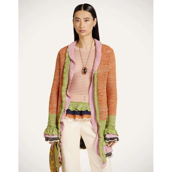 La DoubleJ Eight Counts Cardigan in Color Block Orange & Green - Knitwear - Milanese Maximalist Fashion at Coveti