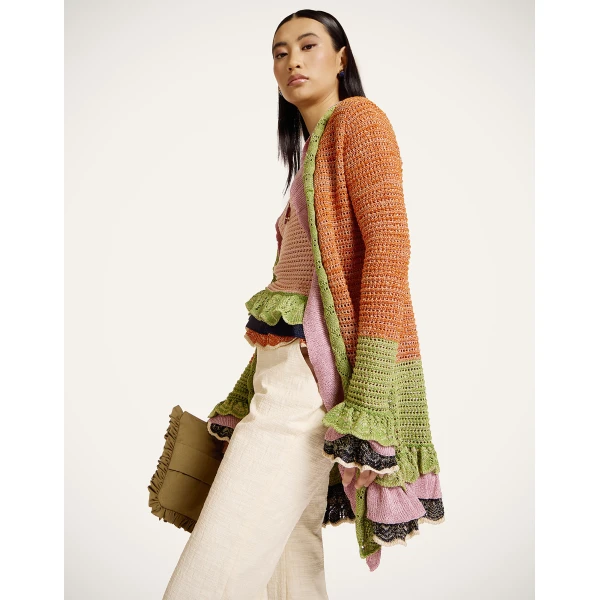 La DoubleJ Eight Counts Cardigan in Color Block Orange & Green - Knitwear - Milanese Maximalist Fashion at Coveti