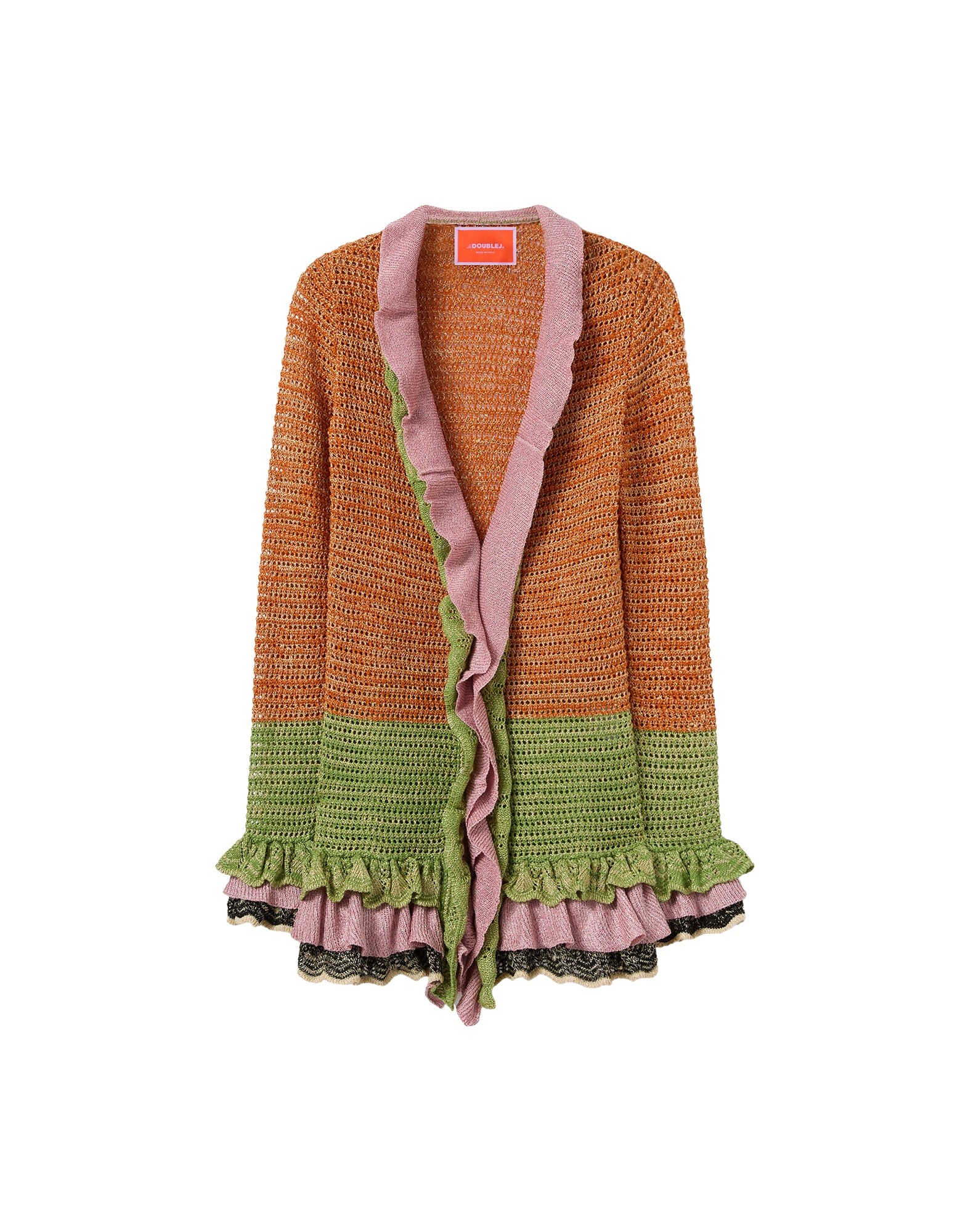 La DoubleJ Eight Counts Cardigan in Color Block Orange & Green - Knitwear - Milanese Maximalist Fashion at Coveti