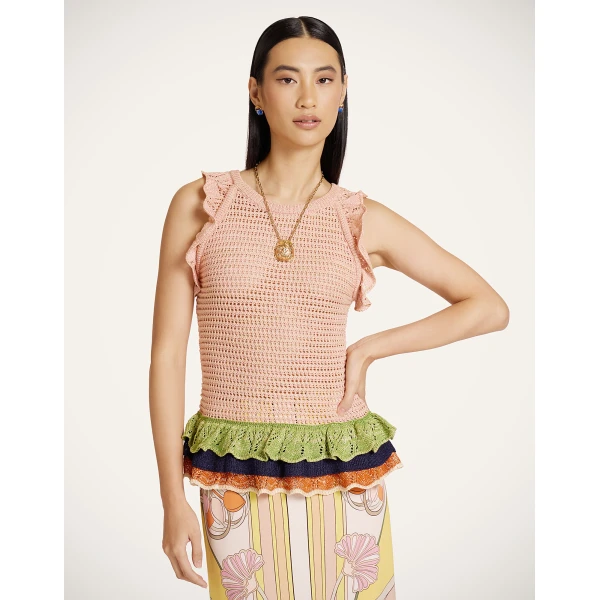 La DoubleJ Eight Counts Crop Top in Color Block Pink & Green - Knitwear - Milanese Maximalist Fashion at Coveti