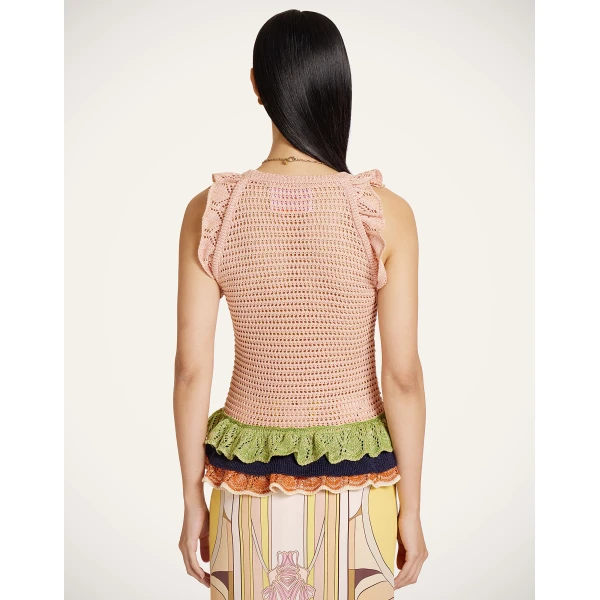 La DoubleJ Eight Counts Crop Top in Color Block Pink & Green - Knitwear - Milanese Maximalist Fashion at Coveti
