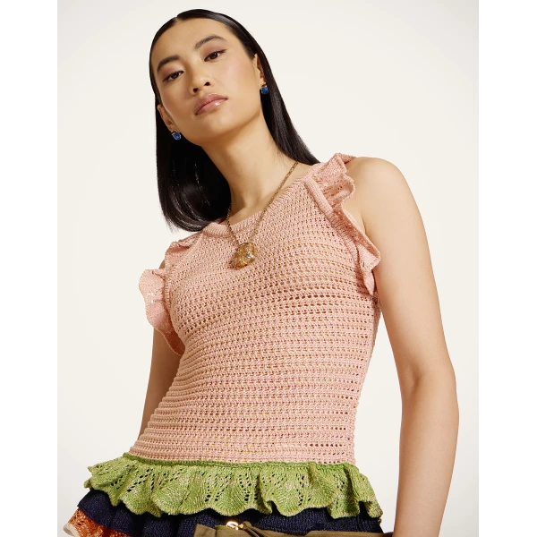 La DoubleJ Eight Counts Crop Top in Color Block Pink & Green - Knitwear - Milanese Maximalist Fashion at Coveti