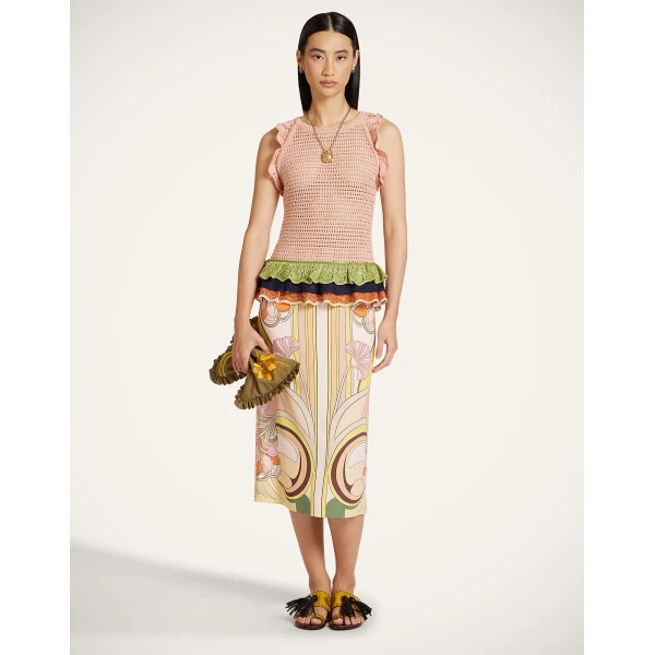 La DoubleJ Eight Counts Crop Top in Color Block Pink & Green - Knitwear - Milanese Maximalist Fashion at Coveti