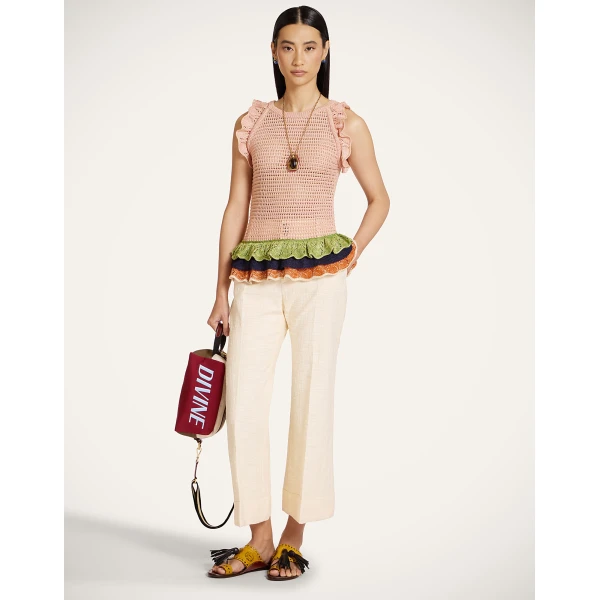 La DoubleJ Eight Counts Crop Top in Color Block Pink & Green - Knitwear - Milanese Maximalist Fashion at Coveti