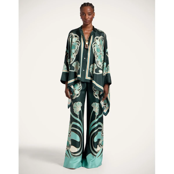 La DoubleJ Foulard Shirt in Blooming Tulip Placée Dark Green - Tops - Milanese Maximalist Fashion at Coveti