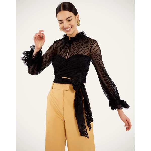 La DoubleJ Lacey En Pointe Top in Solid Black - Tops - Milanese Maximalist Fashion at Coveti