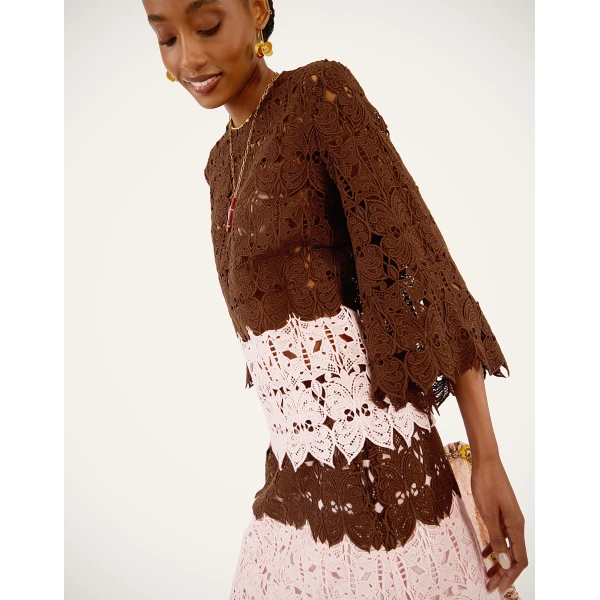 La DoubleJ Lacey Make An Exit Top in Color Block Chocolate & Pink - Tops - Milanese Maximalist Fashion at Coveti