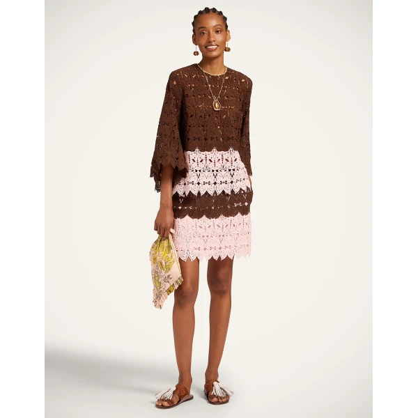 La DoubleJ Lacey Mini Baia Skirt in Color Block Chocolate & Pink - Skirts - Milanese Maximalist Fashion at Coveti