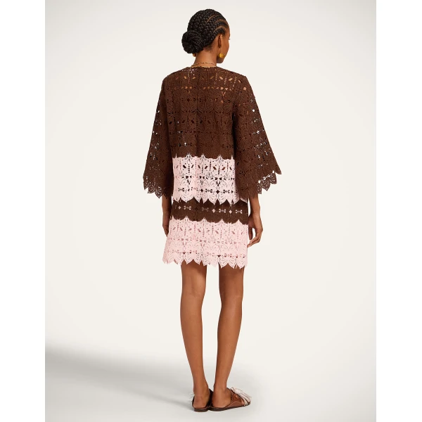La DoubleJ Lacey Mini Baia Skirt in Color Block Chocolate & Pink - Skirts - Milanese Maximalist Fashion at Coveti