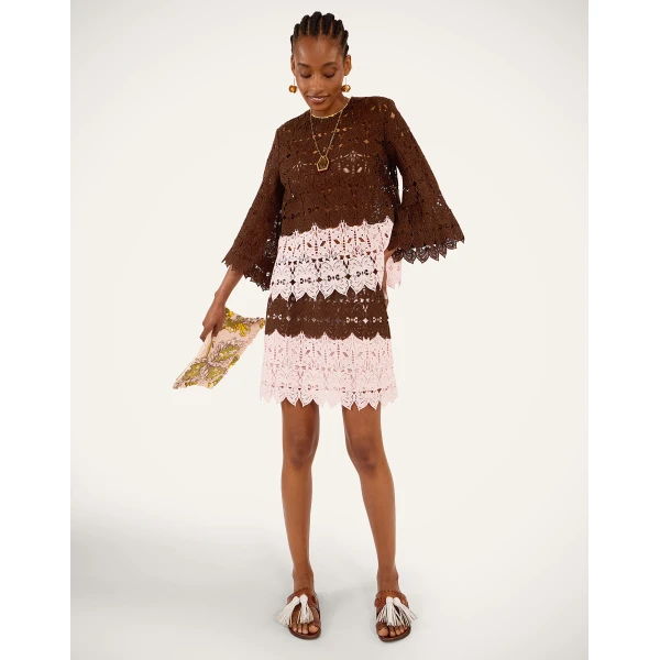 La DoubleJ Lacey Mini Baia Skirt in Color Block Chocolate & Pink - Skirts - Milanese Maximalist Fashion at Coveti