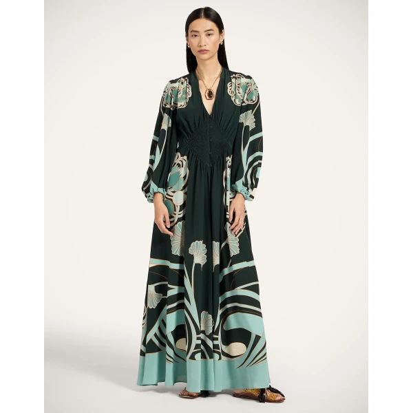 La DoubleJ Long Camerino Dress in Blooming Tulip Placée Dark Green - Dresses - Milanese Maximalist Fashion at Coveti
