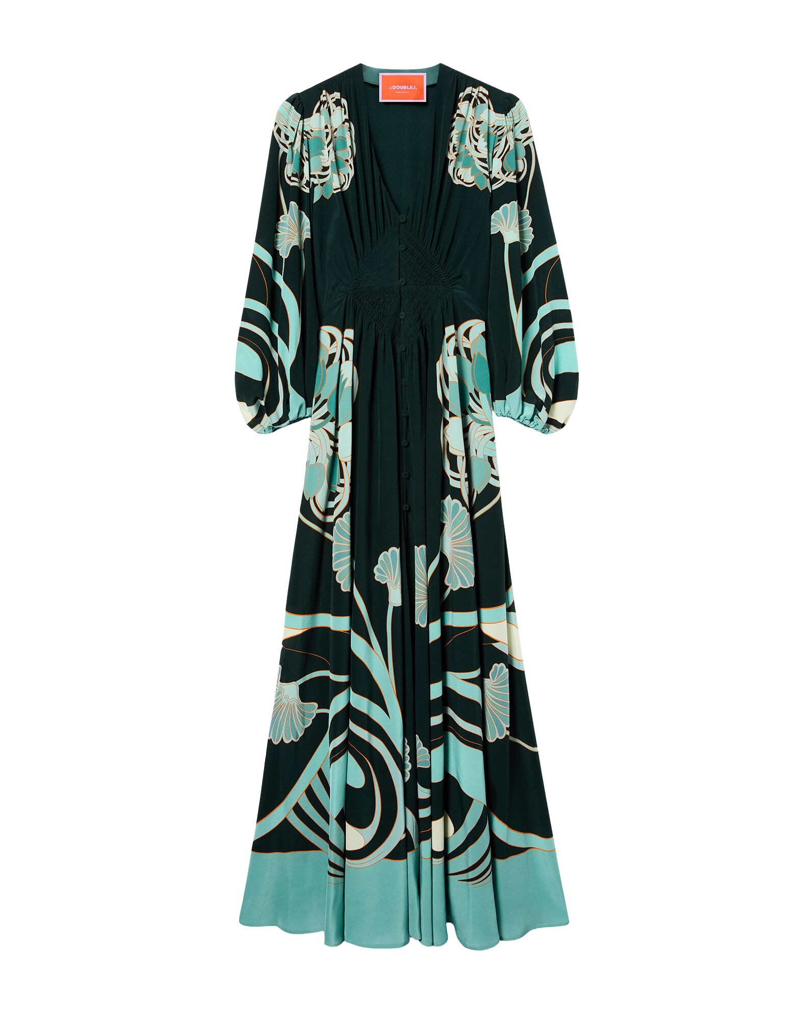 La DoubleJ Long Camerino Dress in Blooming Tulip Placée Dark Green - Dresses - Milanese Maximalist Fashion at Coveti