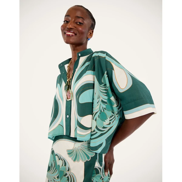 La DoubleJ Mini Foulard Shirt in Blooming Tulip Placée Mint - Tops - Milanese Maximalist Fashion at Coveti