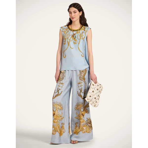 La DoubleJ Palazzo Pants in Oceania Placée Light Blue - Pants - Milanese Maximalist Fashion at Coveti