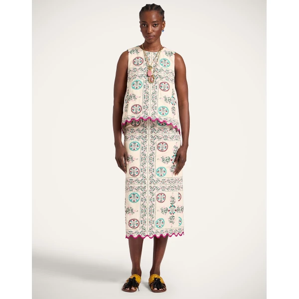 La DoubleJ Pencil Skirt in Florette Tiles Ecru - Skirts - Milanese Maximalist Fashion at Coveti