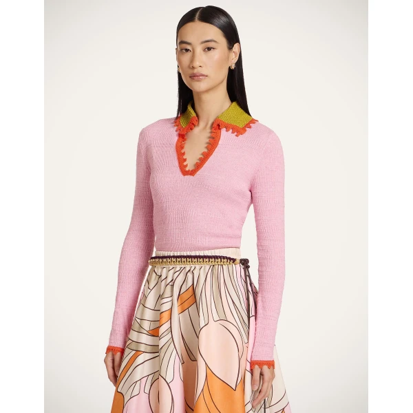 La DoubleJ Picket Polo Jumper in Solid Pink - Knitwear - Milanese Maximalist Fashion at Coveti