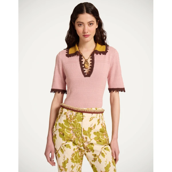 La DoubleJ Picket Polo Top in Solid Pink - Knitwear - Milanese Maximalist Fashion at Coveti