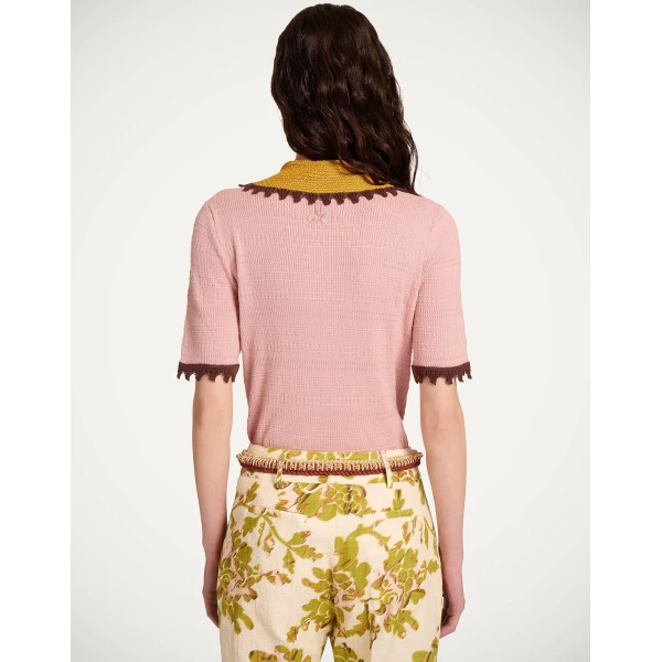 La DoubleJ Picket Polo Top in Solid Pink - Knitwear - Milanese Maximalist Fashion at Coveti