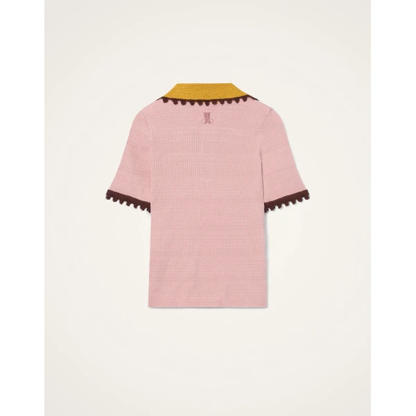 La DoubleJ Picket Polo Top in Solid Pink - Knitwear - Milanese Maximalist Fashion at Coveti