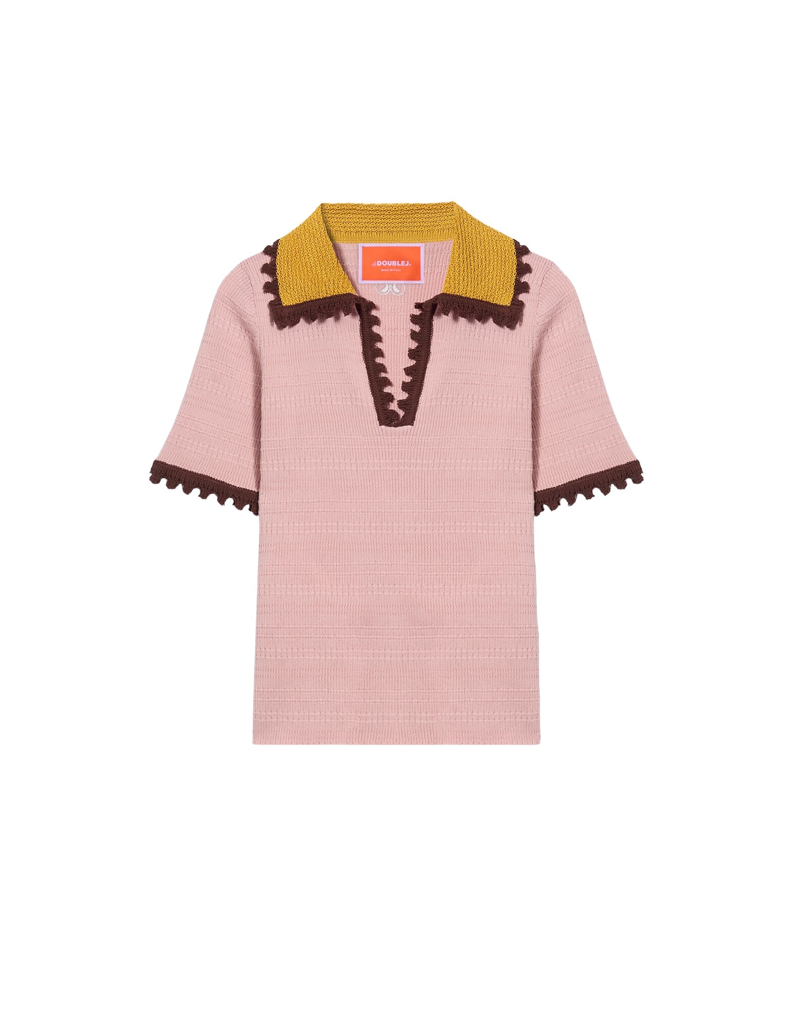 La DoubleJ Picket Polo Top in Solid Pink - Knitwear - Milanese Maximalist Fashion at Coveti