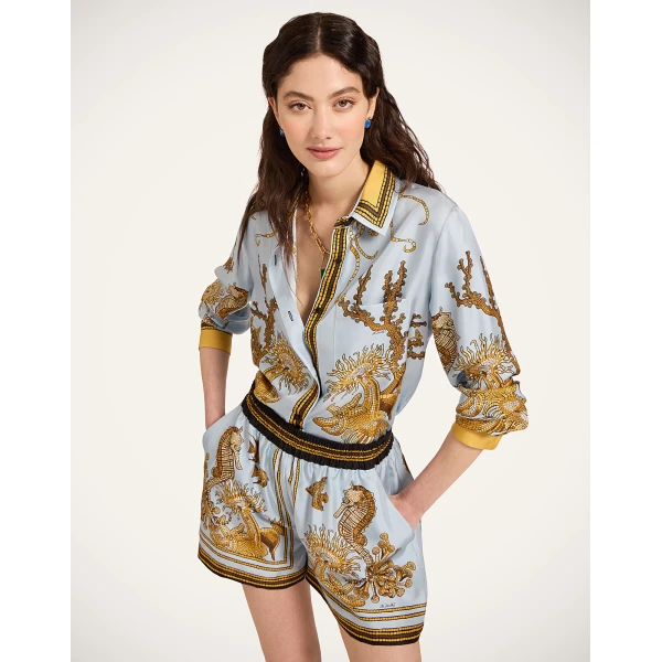 La DoubleJ Pull-Up Shorts in Oceania Placée Light Blue - Shorts - Milanese Maximalist Fashion at Coveti