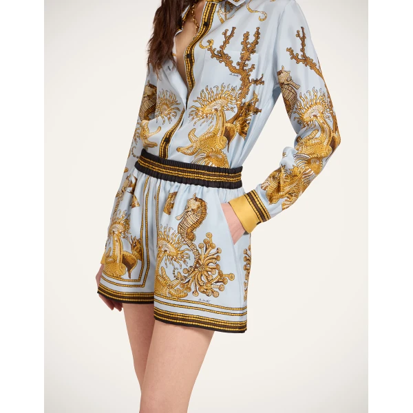 La DoubleJ Pull-Up Shorts in Oceania Placée Light Blue - Shorts - Milanese Maximalist Fashion at Coveti