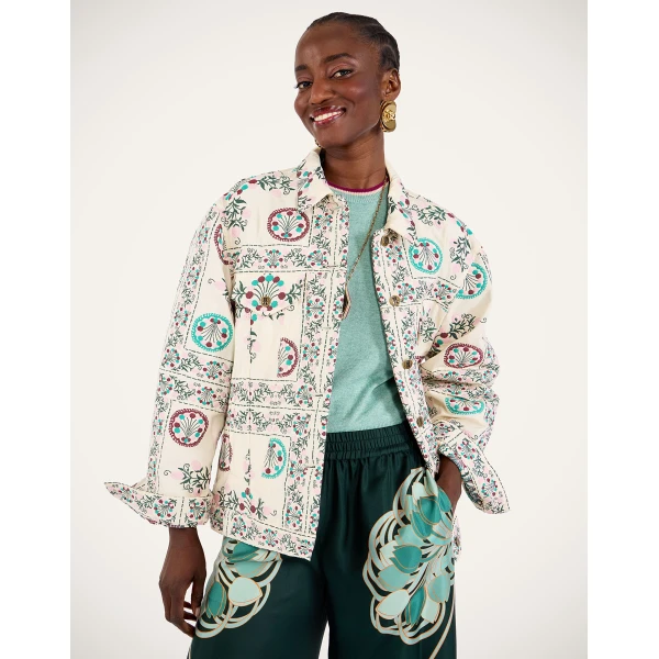 La DoubleJ The Oversized Jean Jacket in Florette Tiles Ecru - Jackets - Milanese Maximalist Fashion at Coveti