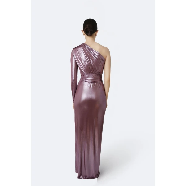 coated jersey one shoulder draped maxi dress