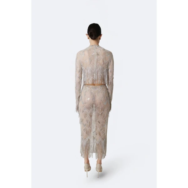geometric crystal fringe high waist skirt