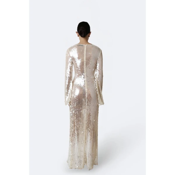mesh sequin longsleeve gown with side tucks