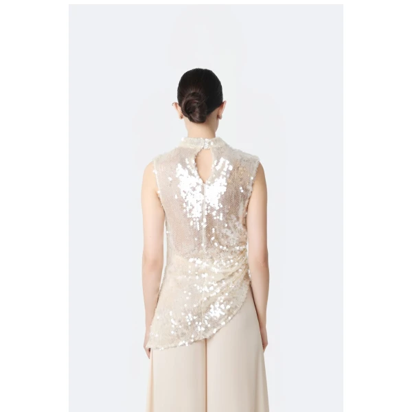 mesh sequin mockneck top with pleats