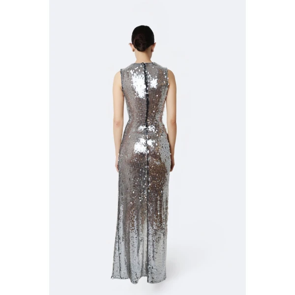 mesh sequin sleeveless gown with sash